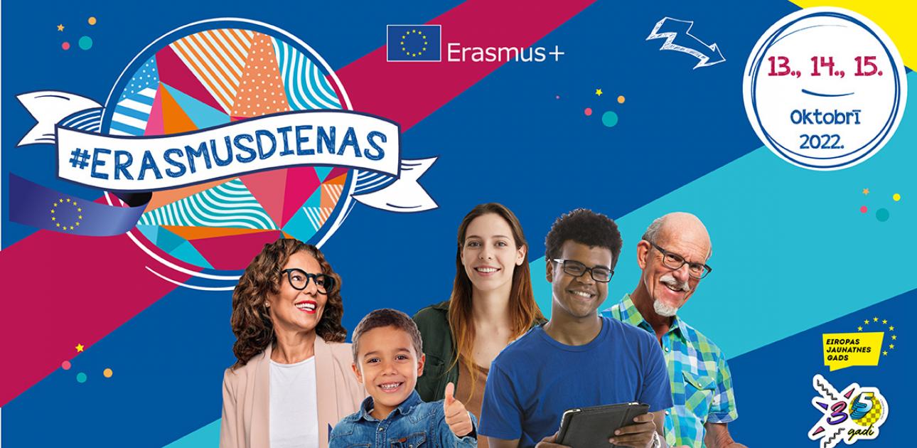 Dazadi cilveki uz Erasmus Dienu fona
