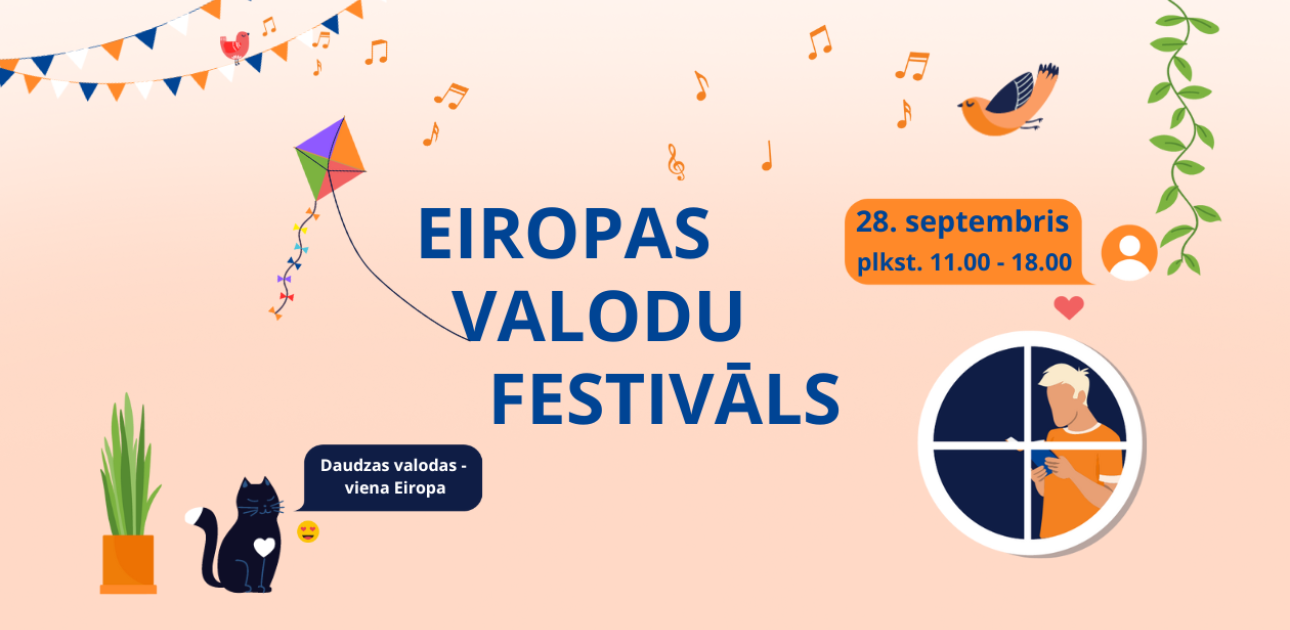 Eiropas Valodu festivāls, putni, festivāla karogi, kaķis, saukļi, cilvēks lasa grāmatu