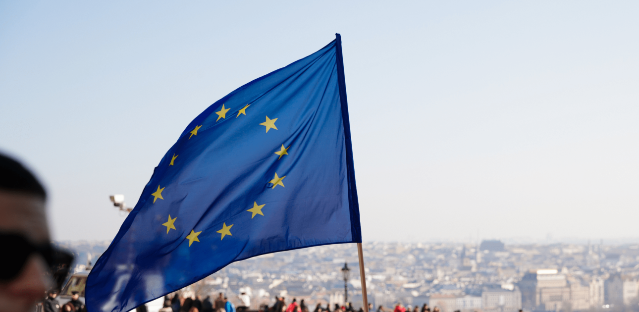 Attēlā redzams Eiropas Savienīgas karogs un cilvēki