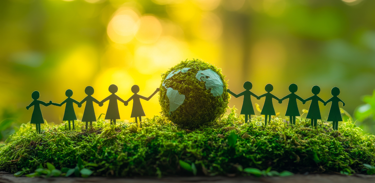 Figūras sadevušās rokās ap sūnām klātu globusu, simbolizējot vides ilgtspēju.