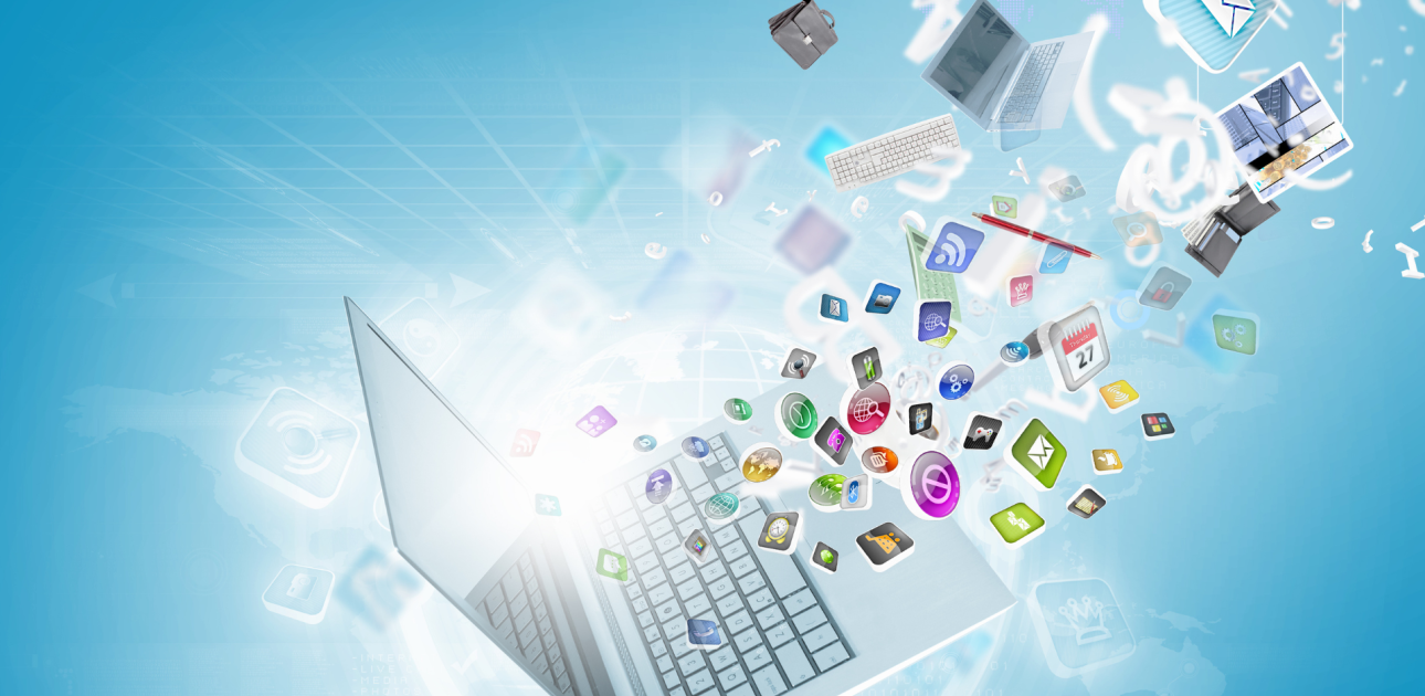 Atvērts portatīvais dators, daudz krāsainas ikonas