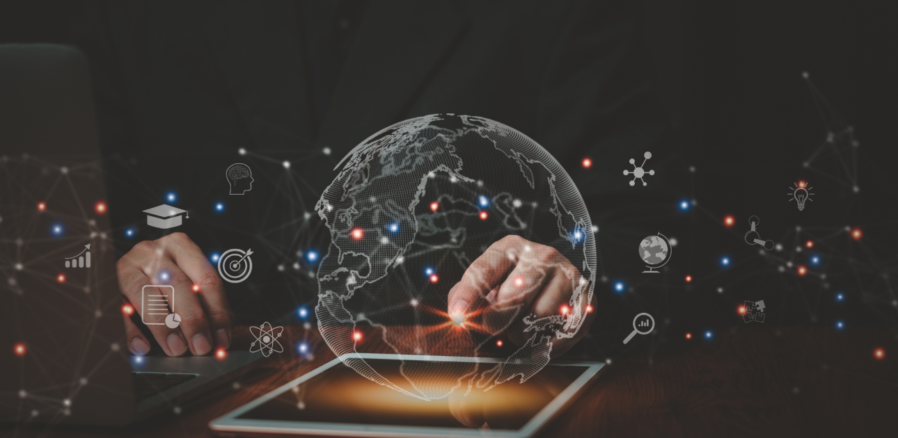 planšetdators, stilizēts 3d globuss, dažādas plānošanas ikonas