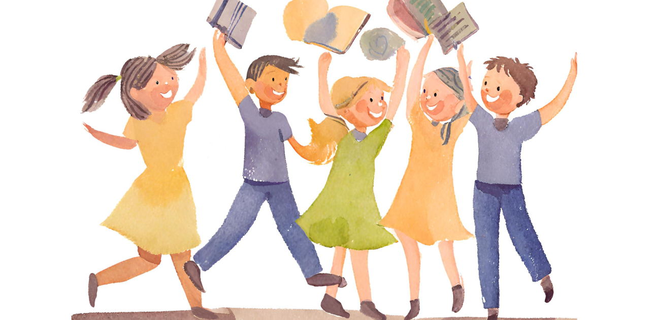 Ilustrācija, kur skolēni priecīgi palekušies ar grāmatām rokās