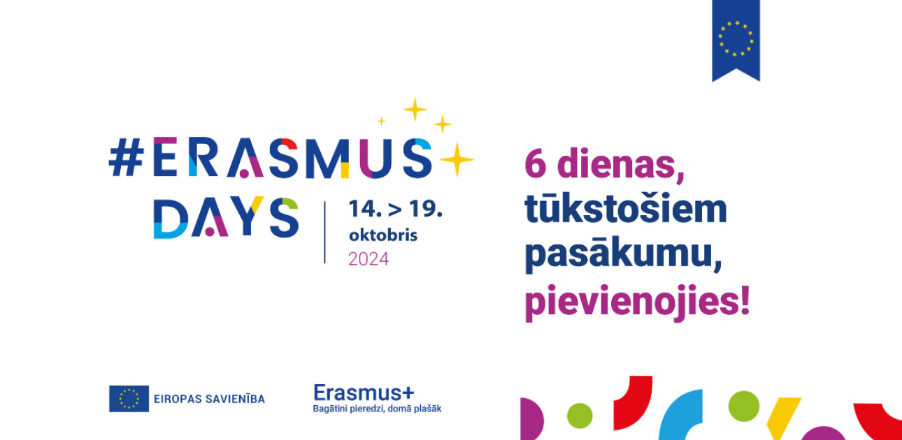 ErasmusDienu vizuālis ar saukli: 6 dienas, tūkstošiem pasākumu, pievienojies.