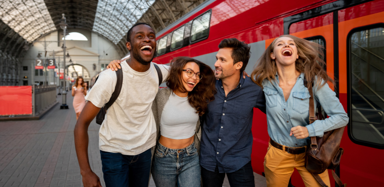 Attēlā redzama jauniešu grupa, kas atrpdas dzelceļa stacijā un smaidīgi dodas uz vilcienu
