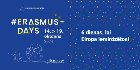 #ErasmusDienu logotips ar saukli 6 dienas, lai Eiropa iemirdzētos, zemeslodes ikona un zvaigzne
