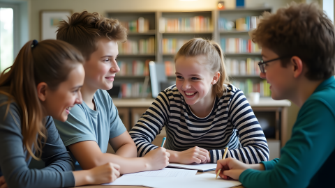 Skolēni sēž pie galda, mācās bibliotēkā, grāmatu plaukti