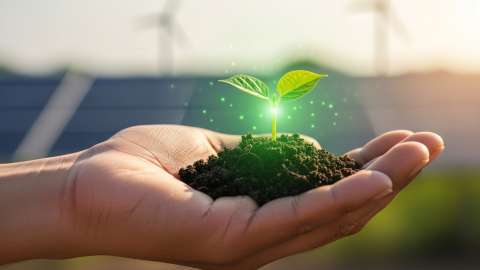 atvērta plauksta, uz tās zeme un dīkstošs, zaļš asns