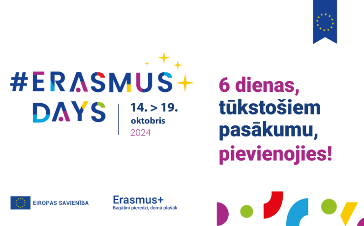 ErasmusDienu vizuālis ar saukli: 6 dienas, tūkstošiem pasākumu, pievienojies.